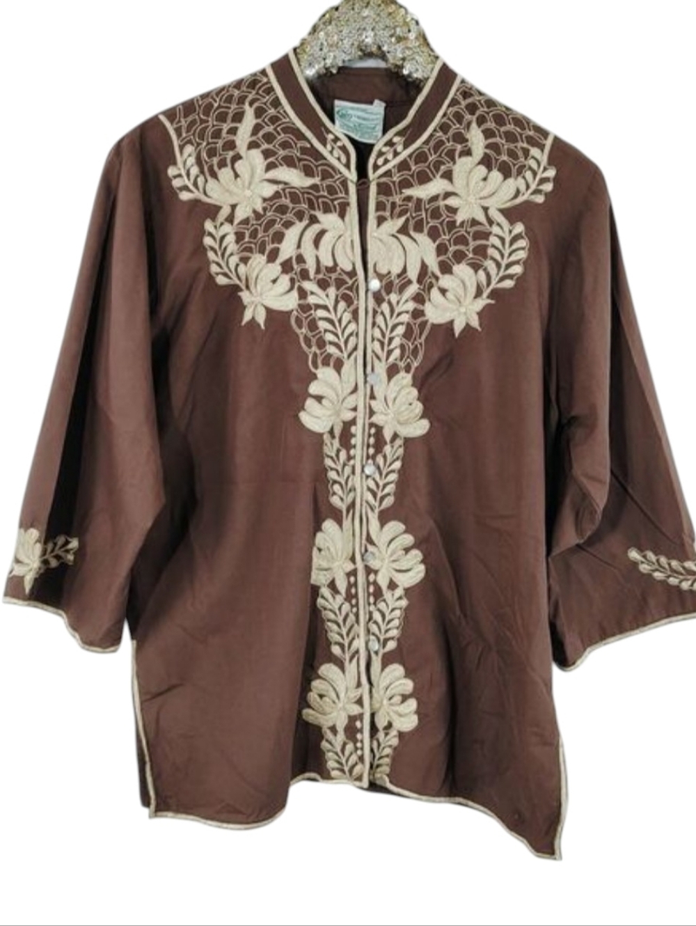 Vintage 70s Caro of Honolulu Women's Brown Floral Plus Size Top size 16